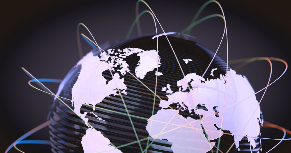 A stylized globe representing a global network, with glowing lines connecting different continents to illustrate the concept of offshore software engineering.
