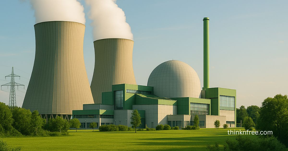 Modern nuclear power plant with green architecture, twin cooling towers releasing steam, and a dome reactor building surrounded by grass and trees under a clear blue sky.