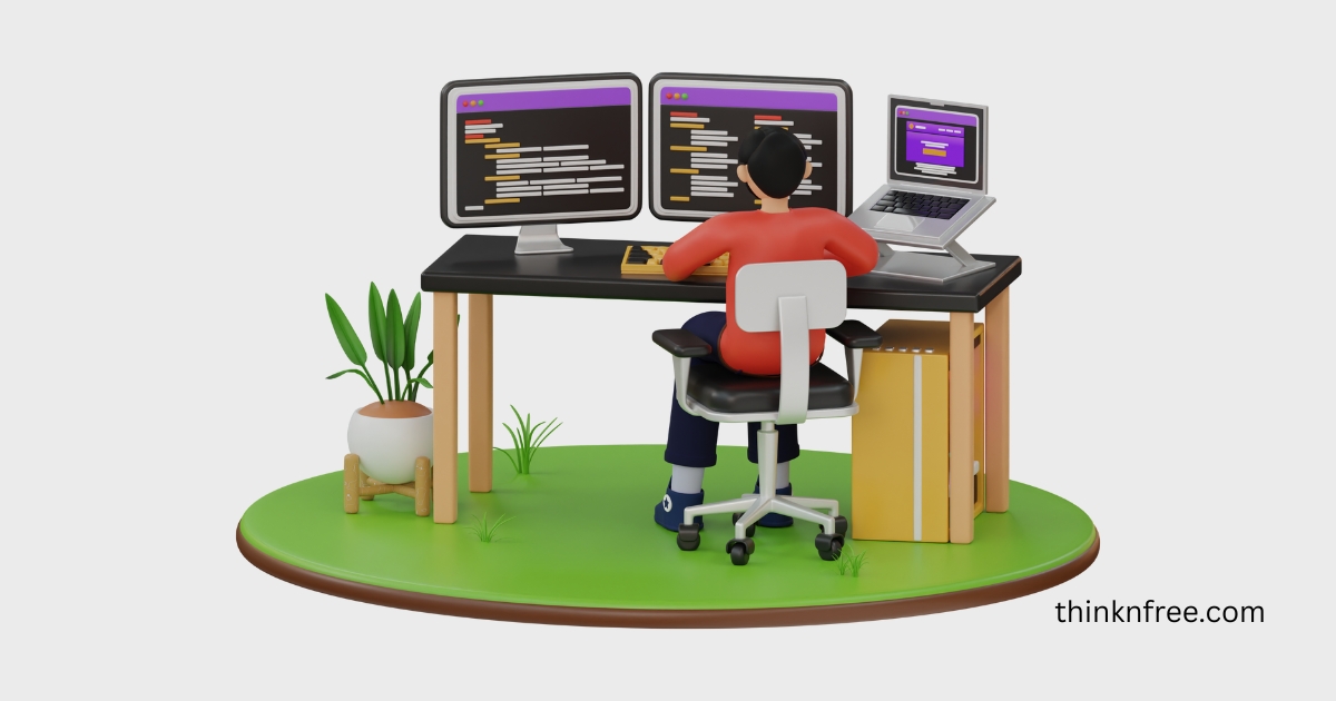 3D illustration of a developer sitting at a desk with dual monitors and a laptop, writing code in a modern workspace.