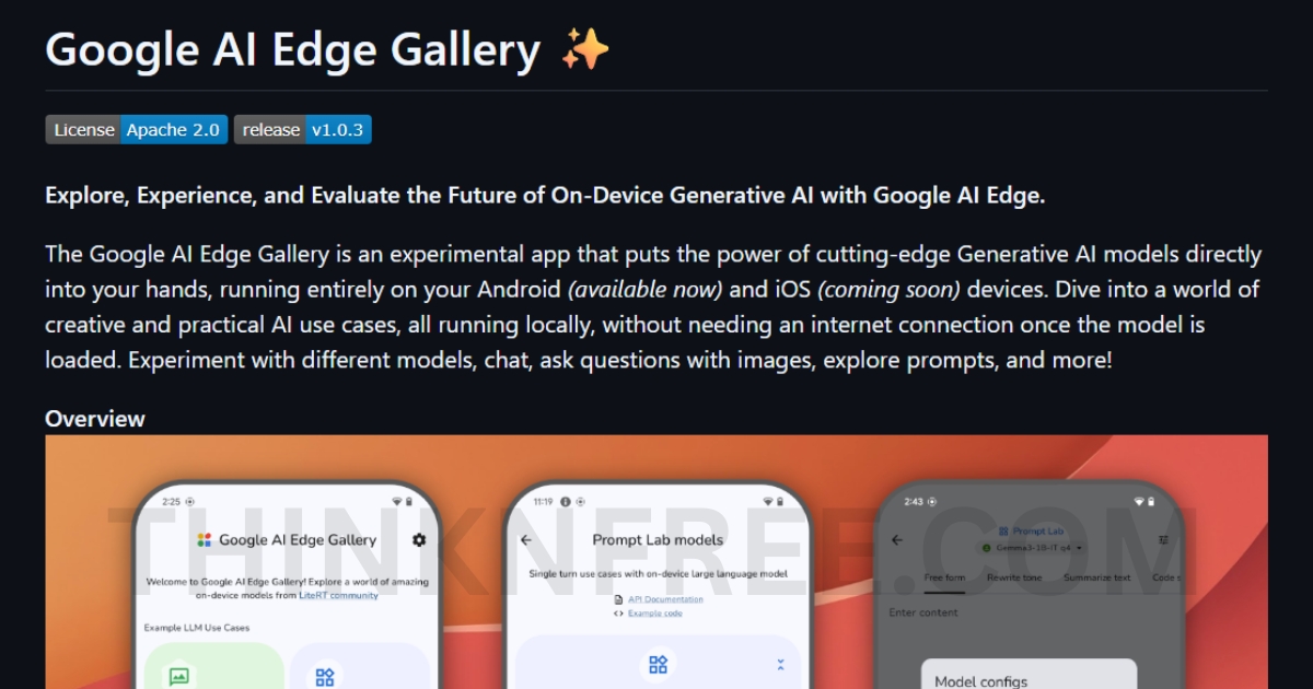GitHub repository page of Google AI Edge Gallery showing installation instructions and model list