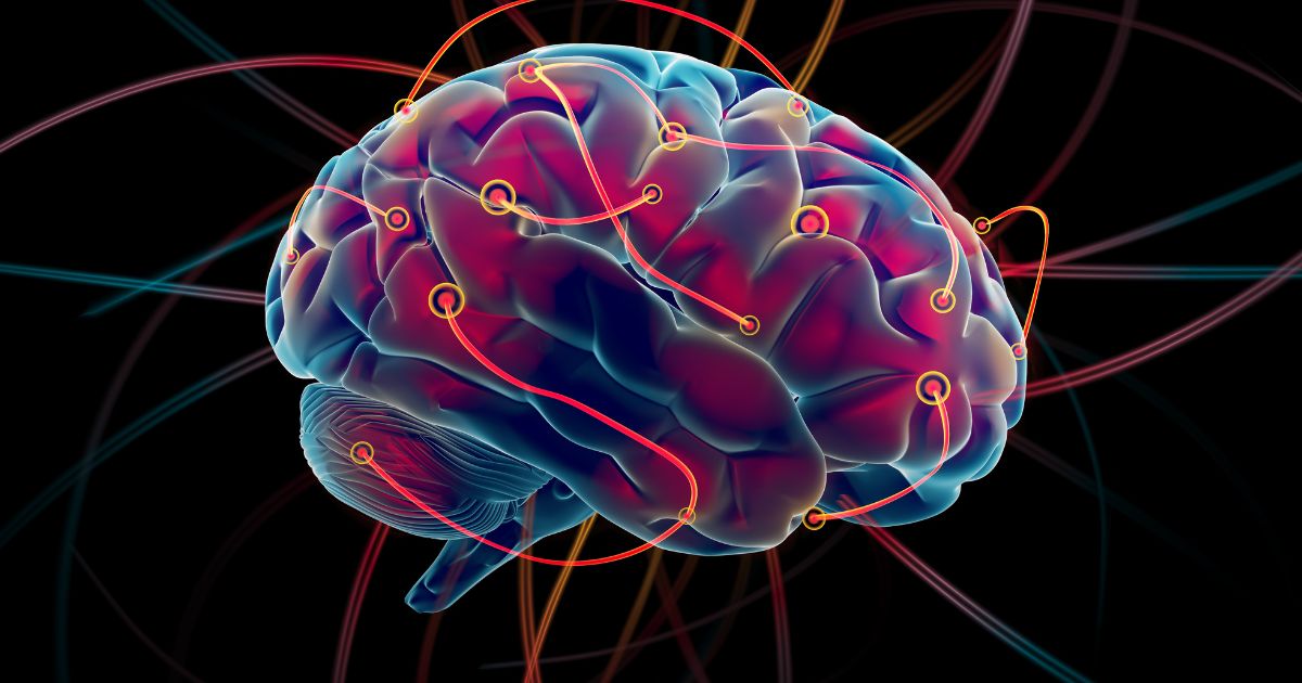 Digital visualization of a human brain connected with neural signals, representing Neuralink human trials and brain-computer interface technology