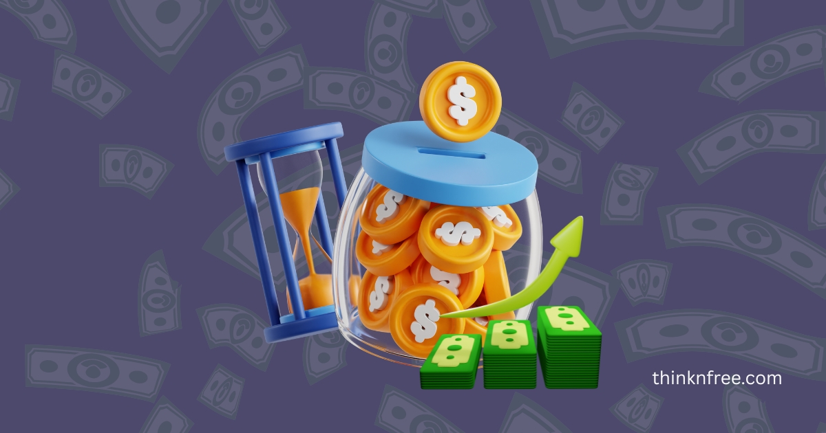 Revenue-based financing concept with coins, cash, and hourglass showing business growth over time.
