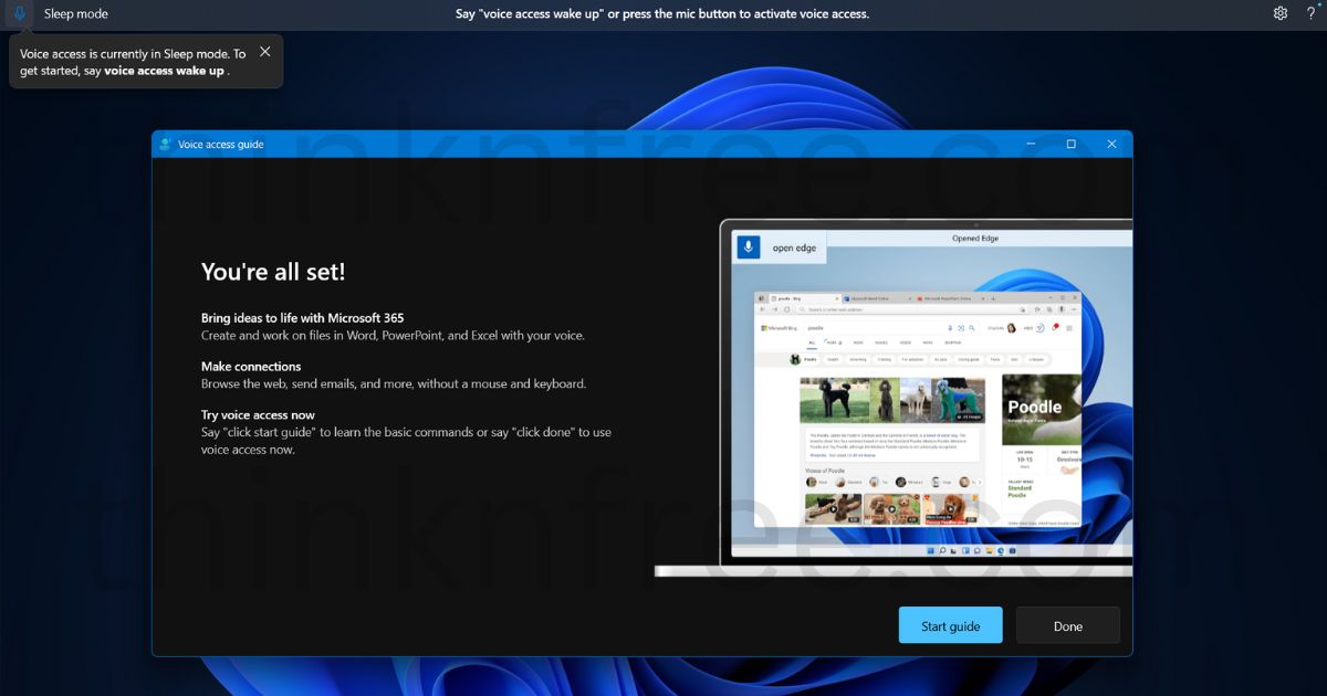 Windows 11 voice access setup screen showing guide for hands-free control using voice commands — featuring Microsoft 365 and web browsing example.