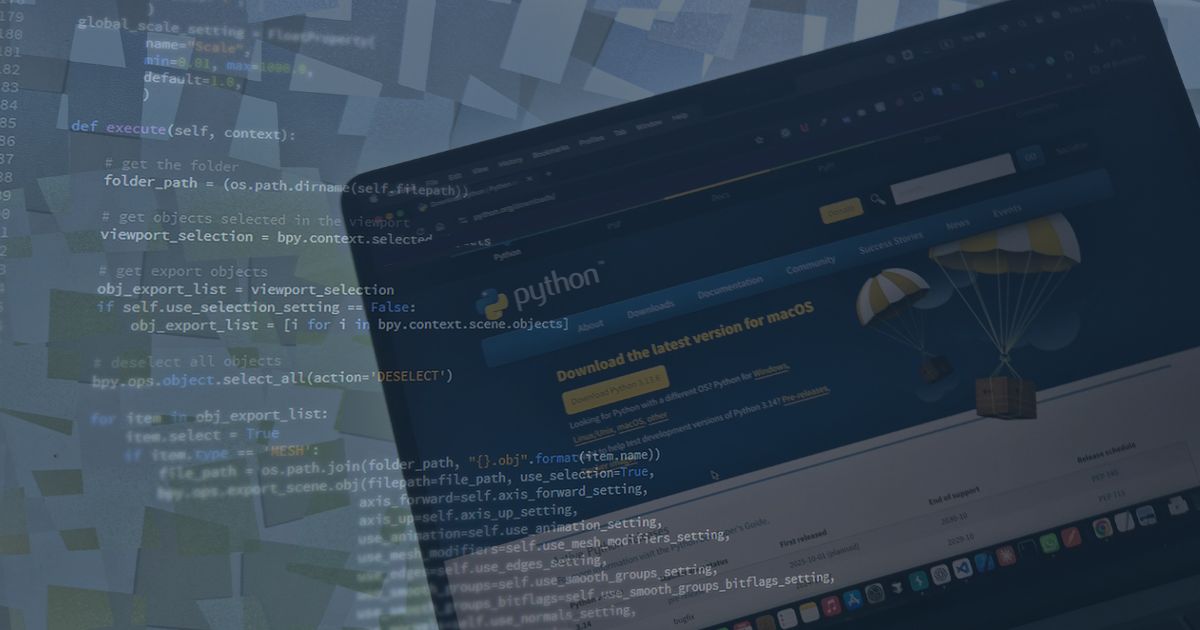 A laptop screen showing Python.org installation page and code editor with Python script, representing the environment setup for learning Python language