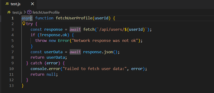 Visual Studio Code interface displaying a JavaScript function for fetching user profiles with a dark theme
