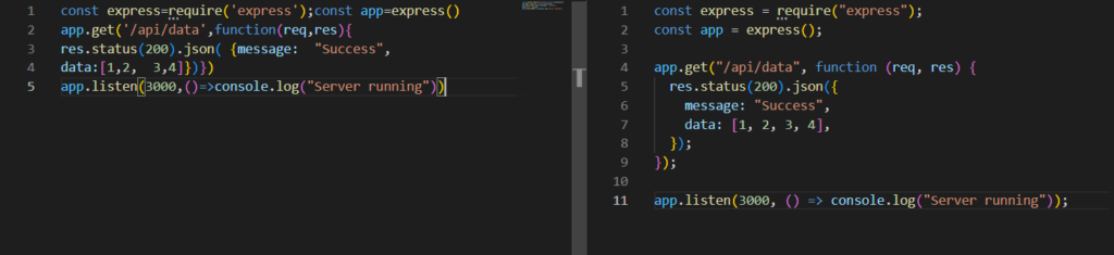 Side-by-side comparison of messy JavaScript code next to perfectly formatted code using the Prettier extension