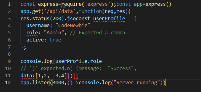 VS Code editor showing inline syntax error highlights in red using the Error Lens extension