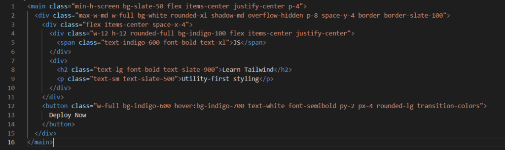 HTML code snippet demonstrating Tailwind CSS utility classes used for styling a modern card component