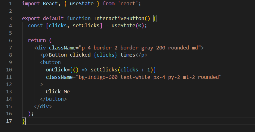 React JSX code showing a simple interactive button component utilizing the useState hook