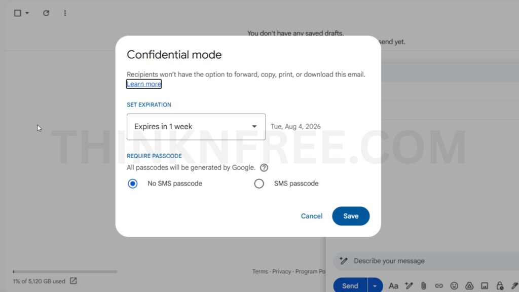 Gmail's Confidential Mode settings dialog showing expiration date and passcode options