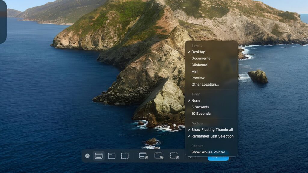 macOS Screenshot app Options menu showing save location, timer, and Show Mouse Clicks settings