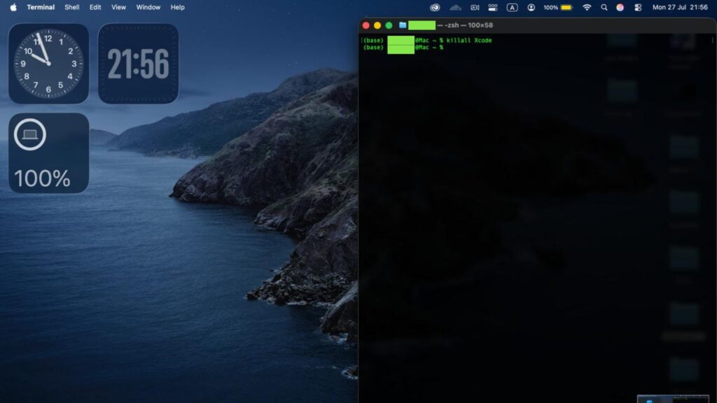 Mac desktop after successfully force quitting Xcode through Terminal, with the app fully closed