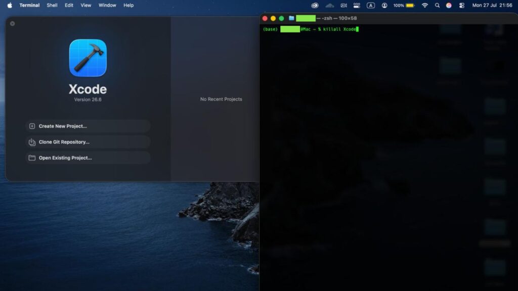 Terminal window showing the killall Xcode command used to force quit a Mac app from the command line
