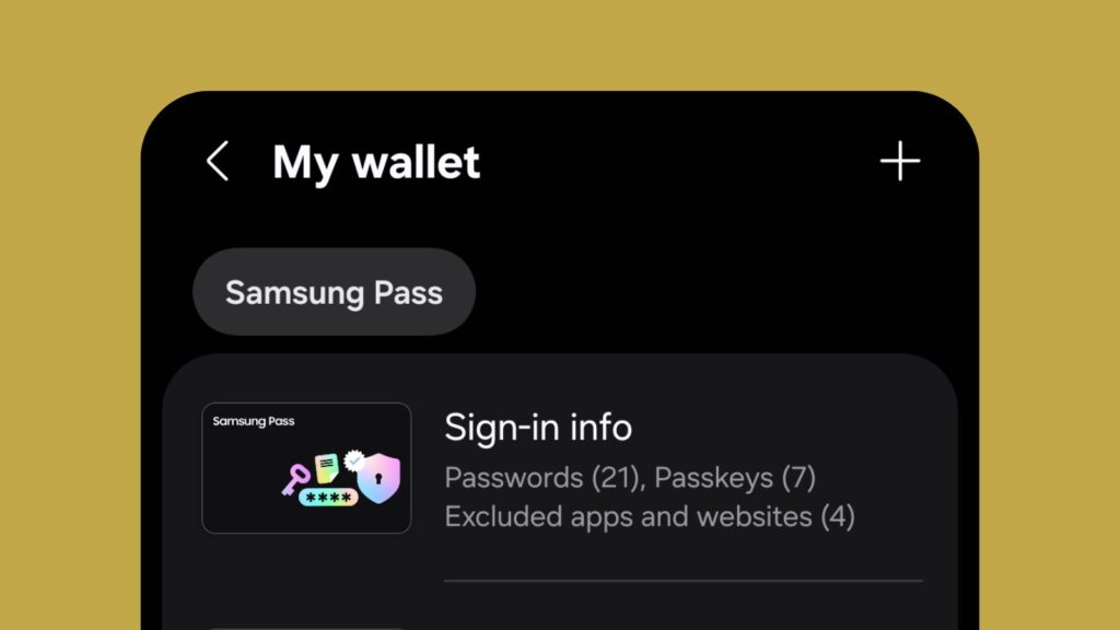 Samsung Wallet's Sign-in info screen showing saved passwords and passkeys carried over from Samsung Pass