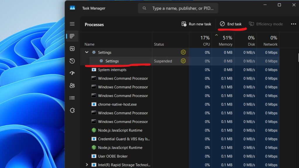 Task Manager with an app selected and the End Task button highlighted, showing how to force quit a program on Windows
